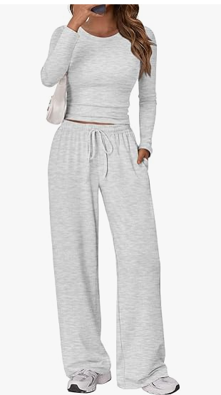 Matching Lounge Set Long Sleeve Slightly Crop Top Wide Leg Pants Casual Sweatsuit