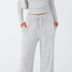 Matching Lounge Set Long Sleeve Slightly Crop Top Wide Leg Pants Casual Sweatsuit