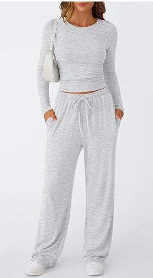 Matching Lounge Set Long Sleeve Slightly Crop Top Wide Leg Pants Casual Sweatsuit
