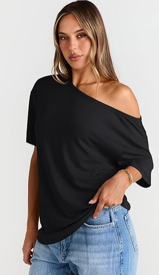 Womens Off The Shoulder Tops Oversized T-Shirts Short Sleeve Tees Summer 2025 Casual Spring Fashion Clothes