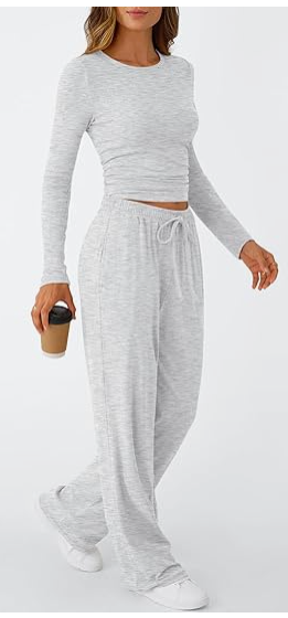 Matching Lounge Set Long Sleeve Slightly Crop Top Wide Leg Pants Casual Sweatsuit
