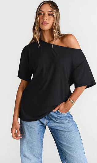Womens Off The Shoulder Tops Oversized T-Shirts Short Sleeve Tees Summer 2025 Casual Spring Fashion Clothes